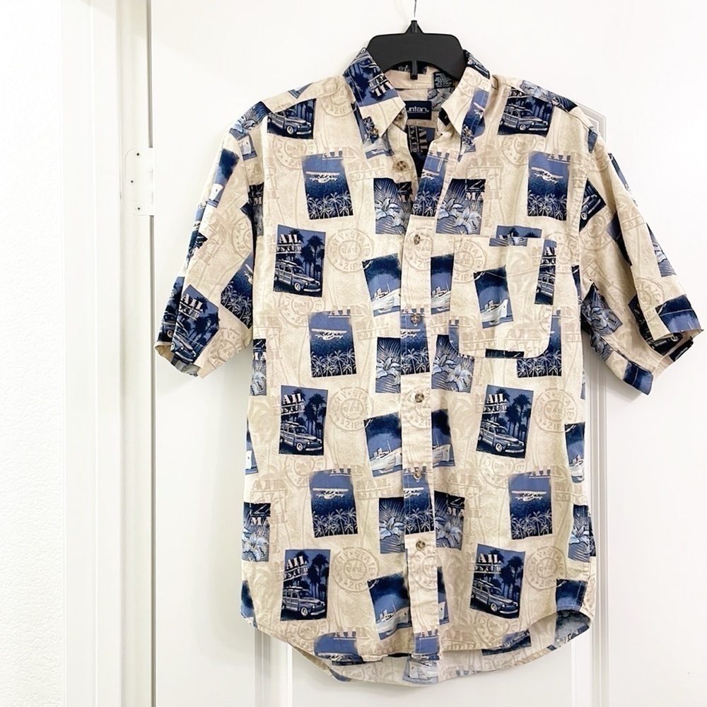 Puritan travel/vacation print short sleeve button down shirt